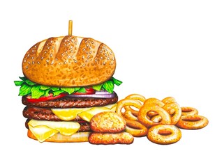 Fresh tasty burger with onion rings. Watercolor