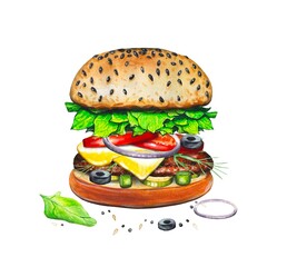 Hand drawn burger, watercolor food illustration.