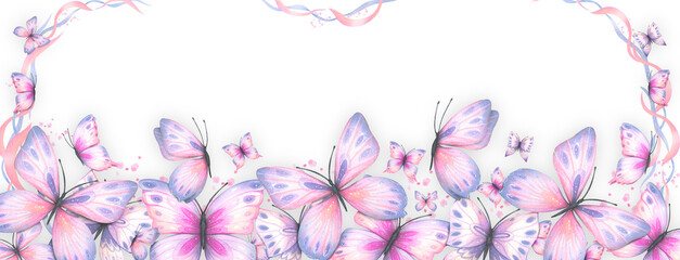 Seamless border with abstract butterflies in purple and pink tones, watercolor
