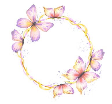 Wreath with abstract purple butterflies, watercolor. Background with butterflies.