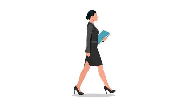 Side view of businesswoman walking while holding files. Cartoon people animation with alpha channel