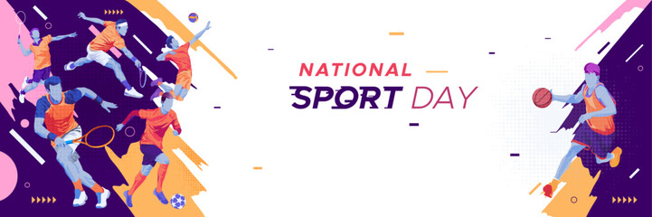 sport background, national sports day celebration concept, with abstract geometric ornament and illustration of sports athlete football player, badminton, basketball, baseball, tennis, volleyball	 - Powered by Adobe