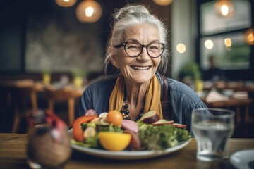Senior woman home eat salad. Generate Ai