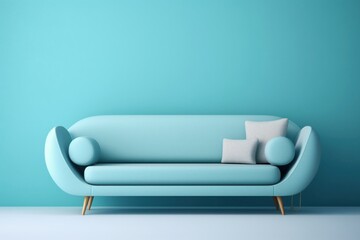 Soft blue sofa on blue background, 3D illustration. Modern minimalistic living room interior detail. Cosiness, social media and sale concept, creative advertisement, Generative AI