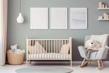 Modern minimalist nursery room in scandinavian style. Baby room interior in light colours, Generative AI