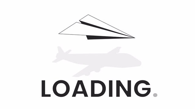 Flying paper airplane casting shadow bw loading animation. Paper plane flight outline 2D cartoon object 4K video loader motion graphic. Goals achieving. Vision aircraft animated gif isolated on white