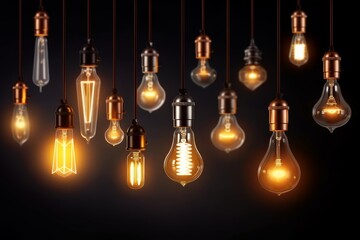 Decorative antique Edison style light bulbs, different shapes of retro lamps on dark background. Cafe or restaurant decoration details. Set of vintage, Generative AI