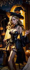 Obraz na płótnie Canvas Beautiful witch in black gothic Halloween costume. Halloween concept background. Beautiful girl halloween theme.
