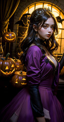 Obraz na płótnie Canvas Beautiful witch in black gothic Halloween costume. Halloween concept background. Beautiful girl halloween theme.