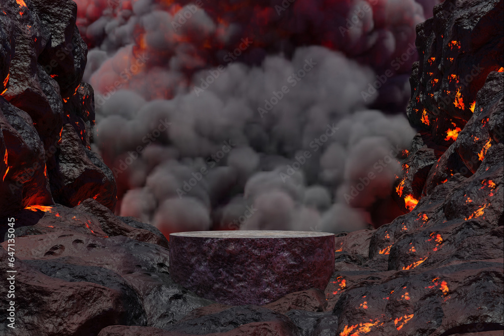 Poster abstact 3d render platform backgrond, stone podium on the lava and magma with rocks smelt in volcano