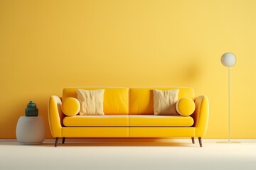 Soft yellow sofa on yellow background, 3D illustration. Modern minimalistic living room interior detail. Cosiness, social media and sale concept, creative advertisement, Generative AI