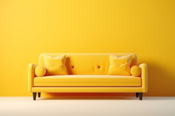 Soft yellow sofa on yellow background, 3D illustration. Modern minimalistic living room interior detail. Cosiness, social media and sale concept, creative advertisement, Generative AI