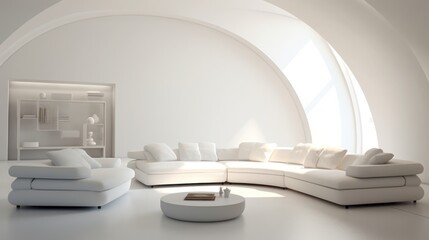 Curved white sofa in room with arch