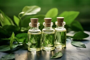 Cosmetic serum in a glass bottles with green leaves. Skin care serum or essential oils, spa and wellness concept. Natural herbal cosmetic, aromatherapy, aromatic oil. Generative AI