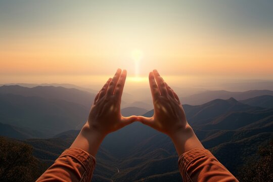 woman hand framing looking view sunrise on mountain, Generative AI