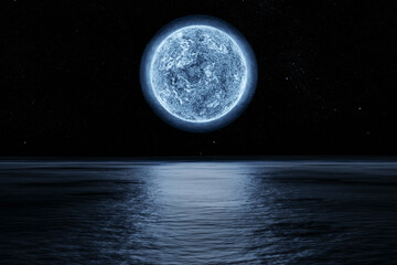 Abstract 3d render platform and podium background, The blue moon shine reflects on the water surface, Backdrop night sky and star for product display, advertising, cosmetic, skincare or etc