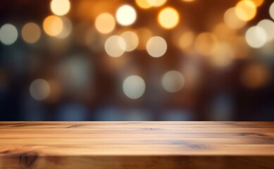 Wooden tabletop with blurred background for display or montage. Free space wood table top. Generative AI