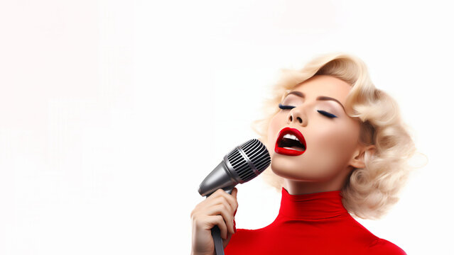 Blonde singer with red lipstick and red turtleneck sings into a retro microphone