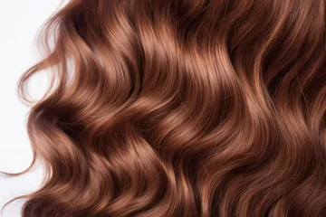 Fotobehang Brown hair texture. Wavy long curly light brown hair close up isolated on white. Hair extensions, materials and cosmetics, hair care, wig. Hairstyle, haircut or dying in, Generative AI © Visual Venture