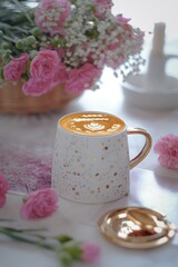coffee latte,flowers on the table