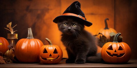 Scary Halloween Jack-o-lantern pumpkin and cute kitten in a black hat on a dark background