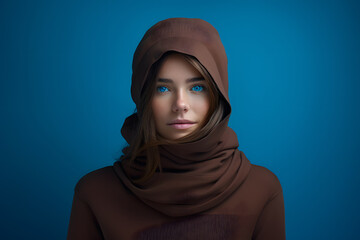 Naklejka premium Colorful studio portrait of a young woman wearing cold weather clothes to keep her warm. Autumn or winter outfit. Bold, vibrant and minimalist. Generative AI
