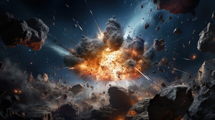Fototapeta na wymiar An apocalypse in space destroys cosmic objects. Rockets fight for world domination