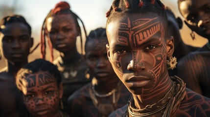 Fototapeta premium young people and children From an African tribe complete with cultural tattoos, cosmetics, and stone-wood spear weapons. Ethnic groups in Africa