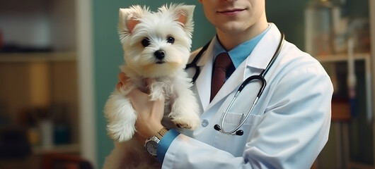  A veterinarian with a stethoscope holds a small dog in his arms. - obrazy, fototapety, plakaty