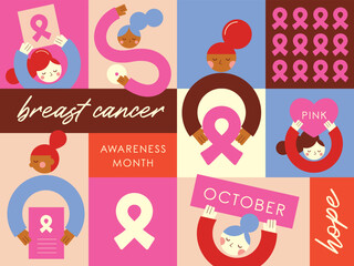 Breast cancer awareness month poster for oncology prevention campaign. Vector illustration in flat style.