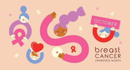 Breast cancer awareness month poster for oncology prevention campaign. Vector illustration in flat style.