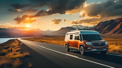 Fototapeta na wymiar Car with caravan trailer on the highway, lifestyle travel concept
