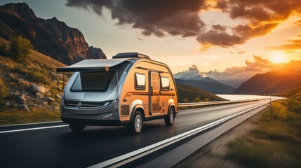 Obraz premium Car with caravan trailer on the highway, lifestyle travel concept