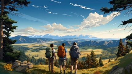 Obraz premium Family and friends hiking together in the mountains on a weekend trip. Take a walk amid America's beautiful nature.