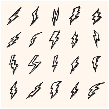 Set of thunder related Doodle icons. Well made signature in thin line style with editable stroke.