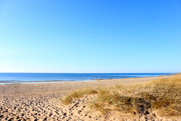 Fototapeta na wymiar Dunes with blue sky over the baltic sea, unesco world biosphere reserve, slowinski national park, polish baltic sea coast, leba, pomeranian, poland