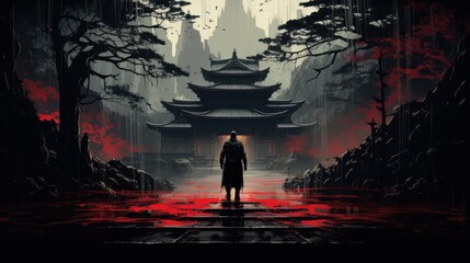 Fototapeta premium A great samurai with a sword stands in front of an old Japanese temple shrine. Rainy day and sky