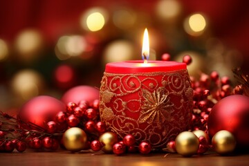 Obraz na płótnie Canvas Crimson candle accompanied by Christmas decorations, Indoor Christmas scene with a magical glowing tree, fireplace, and gifts