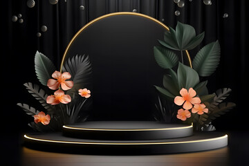 Black podium for product presentation with gold border and flowers, luxury concept. AI generated
