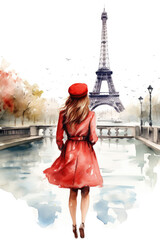 Nostalgia for old Paris: Watercolor illustration of a beautiful French woman near the Eiffel Tower