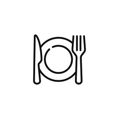 Restaurant line icon isolated on white background. Fork, knife, and plate icon