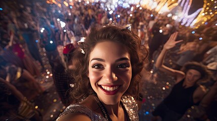 Obraz na płótnie Canvas Model capturing a festive selfie amidst a crowd during a carnival or parade