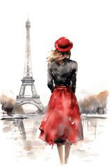 Nostalgia for old Paris: Watercolor illustration of a beautiful French woman near the Eiffel Tower