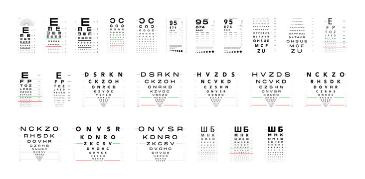 Set of Eye Test Charts medical illustration. Line vector sketch style outline isolated on white background. Vision test board optometrist ophthalmic for visual examination, Checking optical glasses