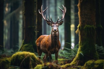 A Deer Standing In The Middle Of A Forest Deer Habitat, Majestic Beauty, Fawn Protection, Forest Ecosystem, Fungi Foraging, Predator Avoidance, Deer Migration, Cervidae Family - obrazy, fototapety, plakaty