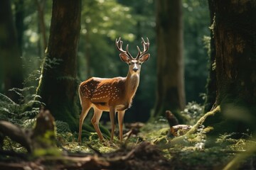 Naklejka na ściany i meble A Deer Standing In The Middle Of A Forest Deer Habitat, Majestic Beauty, Fawn Protection, Forest Ecosystem, Fungi Foraging, Predator Avoidance, Deer Migration, Cervidae Family