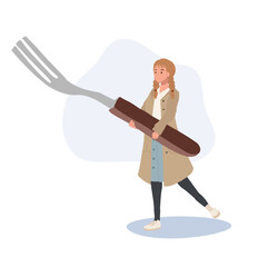 Tiny Human Holding a Fork.  Tiny woman with giant kitchen Utensils.