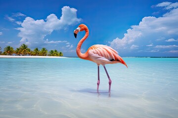 pink flamingo stand in water on tropical beach background