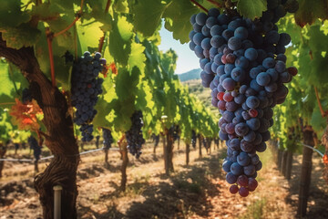 Close up of vineyard with ripe red wine grapes in countryside. AI Generated - obrazy, fototapety, plakaty