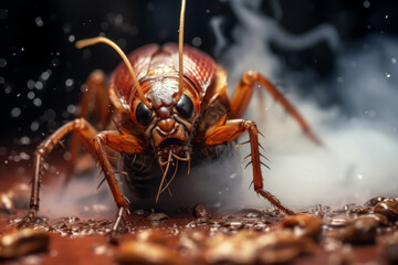 cockroach running away from spraying insect control products, cockroach extermination, close-up, macro